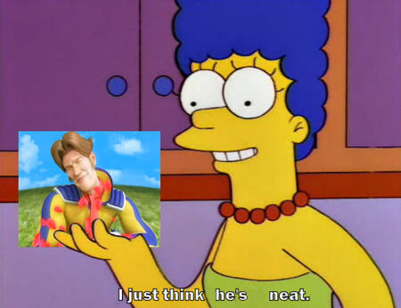 The Simpsons 'I just think they're neat' meme image but its edited to Marge Simpson saying "I just think he's neat." and a screenshot of Dr. Stewart's ending from F-Zero GX is edited over the potato.